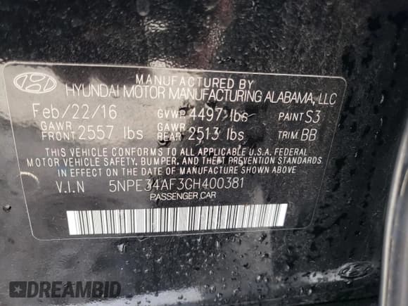 ✅ 2016 Hyundai Sonata Sport • VIN: 5NPE34AF3GH400381 • Lot: 72822322. Listed on Copart with 105,541 mi. Free auction sales archive from the USA and detailed vehicle history report at DreamBid. Image 12.