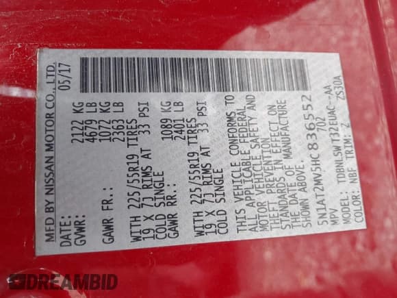 ✅ 2017 Nissan Rogue SL • VIN: 5N1AT2MV5HC836552 • Lot: 42280718. Listed on IAAI with 122,535 mi. Free auction sales archive from the USA and detailed vehicle history report at DreamBid. Image 9.