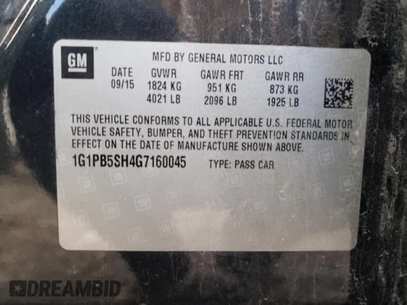 ✅ 2016 Chevrolet Cruze LS • VIN: 1G1PB5SH4G7160045 • Lot: 87715735. Listed on Copart with 142,530 mi. Free auction sales archive from the USA and detailed vehicle history report at DreamBid. Image 12.