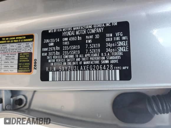 2014 Hyundai Santa Fe с VIN 5XYZU3LAXEG206428, выставлен на аукционе Copart как лот 71009555 с пробегом 56 183 миль миль и На запчасти • Non repairable. История ставок и продаж доступна на DreamBid. Изображение 13.