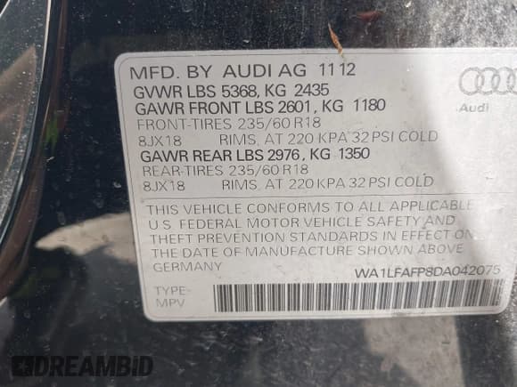 ✅ 2013 Audi Q5 Premium Plus • VIN: WA1LFAFP8DA042075 • Lot: 42561843. Listed on IAAI with 200,478 mi. Free auction sales archive from the USA and detailed vehicle history report at DreamBid. Image 9.