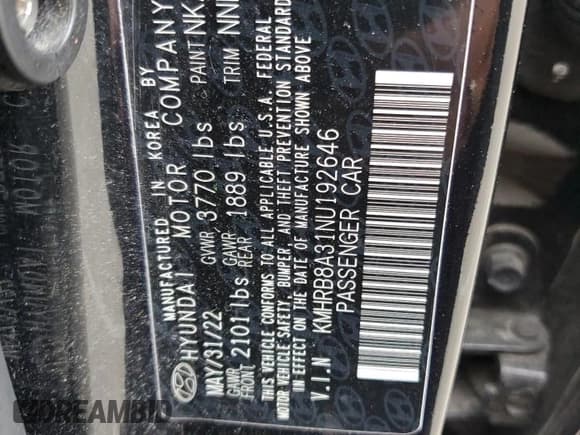 ✅ 2022 Hyundai Venue SE • VIN: KMHRB8A31NU192646 • Lot: 57882115. Listed on Copart with 64,683 mi. Free auction sales archive from the USA and detailed vehicle history report at DreamBid. Image 13.