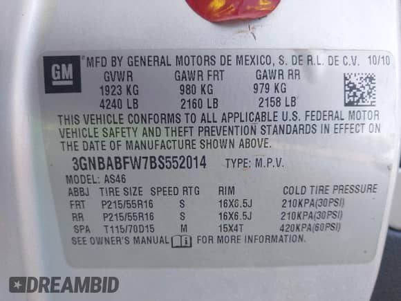 2011 Chevrolet HHR 1LT с VIN 3GNBABFW7BS552014, выставлен на аукционе IAAI как лот 43481079 с пробегом 190 000 миль миль и . История ставок и продаж доступна на DreamBid. Изображение 9.