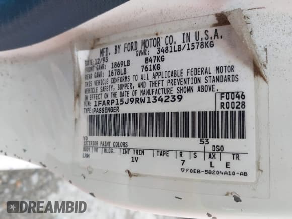 ✅ 1994 Ford Escort • VIN: 1FARP15J9RW134239 • Lot: 42056543. Listed on IAAI with 120,843 mi. Free auction sales archive from the USA and detailed vehicle history report at DreamBid. Image 9.