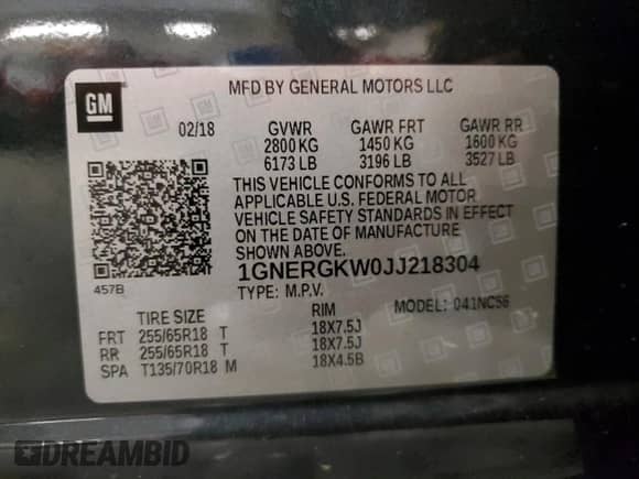 2018 Chevrolet Traverse LT Cloth z VIN 1GNERGKW0JJ218304, wystawiony jako Copart lot #84930735 z przebiegiem 64 768 mil mil oraz Szkoda całkowita • Salvage title. Historia ofert i sprzedaży dostępna na DreamBid. Obrazek 14.