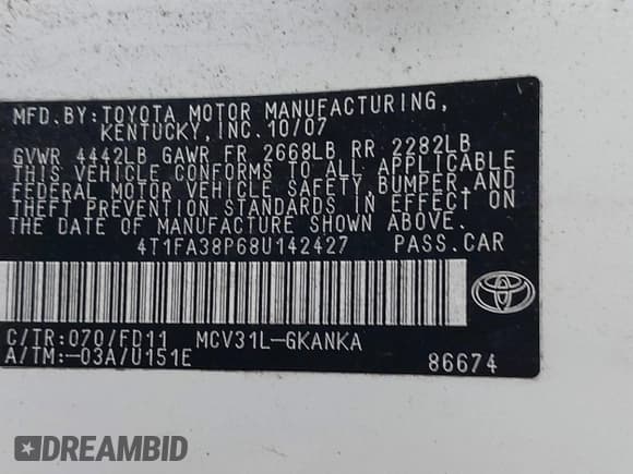 ✅ 2008 Toyota Solara SLE • VIN: 4T1FA38P68U142427 • Lot: 43558294. Listed on IAAI with 293,594 mi. Free auction sales archive from the USA and detailed vehicle history report at DreamBid. Image 9.