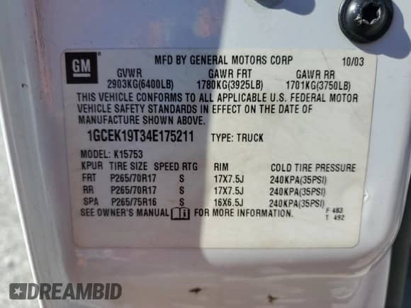 2004 Chevrolet Silverado 1500 с VIN 1GCEK19T34E175211, выставлен на аукционе Copart как лот 46786015 с пробегом 202 367 миль миль и Списание • Salvage title. История ставок и продаж доступна на DreamBid. Изображение 15.