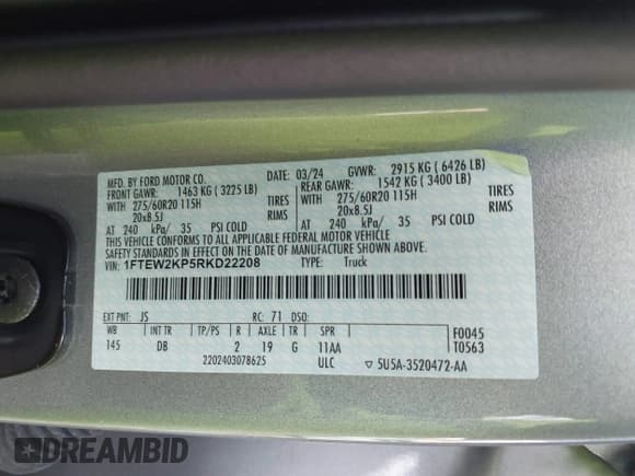 ✅ 2024 Ford F-150 STX • VIN: 1FTEW2KP5RKD22208 • Lot: 43432941. Wystawiony na IAAI z przebiegiem 20 839 mil. Bezpłatny archiwum sprzedaży aukcyjnych z USA i szczegółowy raport historii pojazdu na DreamBid. Zdjęcie 9.