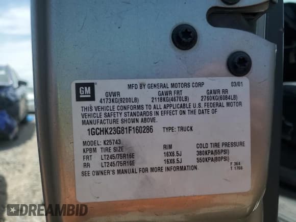 ✅ 2001 Chevrolet Silverado 2500HD LT3 • VIN: 1GCHK23G81F160286 • Lot: 61171855. Listed on Copart with 239,807 mi. Free auction sales archive from the USA and detailed vehicle history report at DreamBid. Image 12.