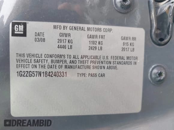 ✅ 2008 Pontiac G6 • VIN: 1G2ZG57N184240331 • Лот: 42699910. Опубликован ранее на IAAI с пробегом 183 790 миль. Бесплатный доступ к архиву аукционных продаж из США и подробный отчёт об истории автомобиля на DreamBid. Изображение 9.