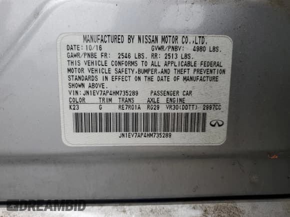 ✅ 2017 Infiniti Q50 Premium • VIN: JN1EV7AP4HM735289 • Лот: 91924575. Опубликован ранее на Copart с пробегом Не указан. Бесплатный доступ к архиву аукционных продаж из США и подробный отчёт об истории автомобиля на DreamBid. Изображение 13.