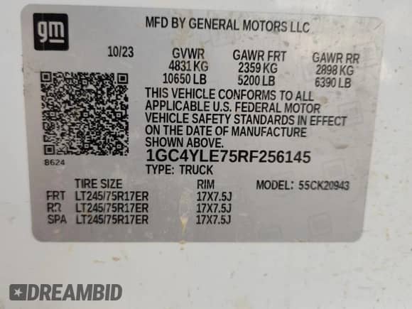 2024 Chevrolet Silverado 2500HD Work Truck with VIN 1GC4YLE75RF256145, listed as a Copart auction lot 85880485 with 56,416 mi miles and Salvage title. Bid and sale history available at DreamBid. Image 12.