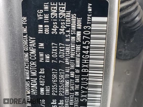 ✅ 2017 Hyundai Santa Fe 2.4L • VIN: 5XYZU3LBXHG445703 • Лот: 69723184. Опубликован ранее на Copart с пробегом 110 282 миль. Бесплатный доступ к архиву аукционных продаж из США и подробный отчёт об истории автомобиля на DreamBid. Изображение 12.