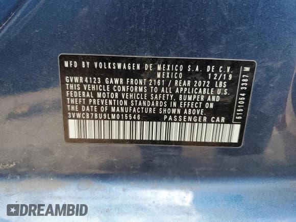 ✅ 2020 Volkswagen Jetta S • VIN: 3VWCB7BU9LM015546 • Lot: 67146055. Wystawiony na Copart z przebiegiem 41 760 mil. Bezpłatny archiwum sprzedaży aukcyjnych z USA i szczegółowy raport historii pojazdu na DreamBid. Zdjęcie 12.