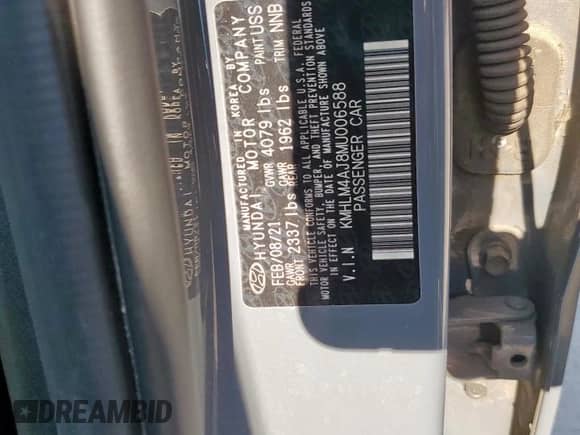 2021 Hyundai Elantra Blue с VIN KMHLM4AJ8MU006588, выставлен на аукционе Copart как лот 84274785 с пробегом 51 999 миль миль и Чистый • Clean title. История ставок и продаж доступна на DreamBid. Изображение 12.