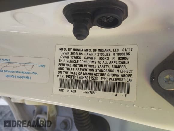 ✅ 2017 Honda Civic Touring • VIN: 19XFC1F90HE011533 • Lot: 43554429. Listed on IAAI with 112,255 mi. Free auction sales archive from the USA and detailed vehicle history report at DreamBid. Image 9.