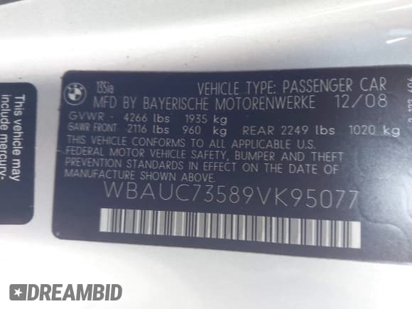 ✅ 2009 BMW 1 Series 135i • VIN: WBAUC73589VK95077 • Lot: 43390617. Wystawiony na IAAI z przebiegiem 96 689 mil. Bezpłatny archiwum sprzedaży aukcyjnych z USA i szczegółowy raport historii pojazdu na DreamBid. Zdjęcie 9.