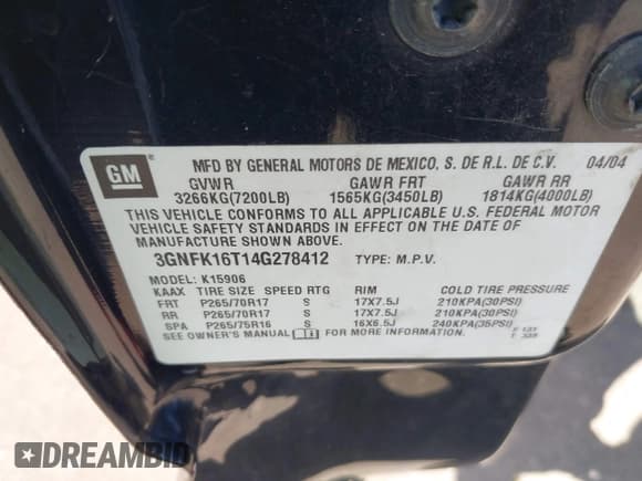 ✅ 2004 Chevrolet Suburban LT • VIN: 3GNFK16T14G278412 • Лот: 42701930. Опубликован ранее на IAAI с пробегом 282 075 миль. Бесплатный доступ к архиву аукционных продаж из США и подробный отчёт об истории автомобиля на DreamBid. Изображение 9.