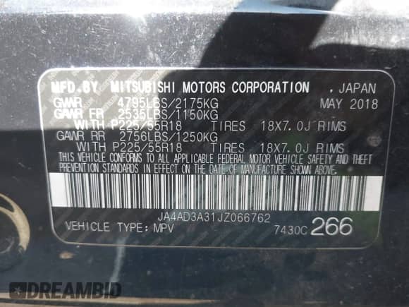 2018 Mitsubishi Outlander SE with VIN JA4AD3A31JZ066762, listed as a IAAI auction lot 43099741 with 87,665 mi miles and . Bid and sale history available at DreamBid. Image 9.