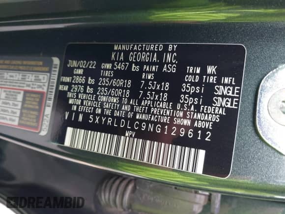 2022 Kia Sorento X-Line S z VIN 5XYRLDLC9NG129612, wystawiony jako IAAI lot #42669526 z przebiegiem 51 432 mil mil oraz . Historia ofert i sprzedaży dostępna na DreamBid. Obrazek 9.