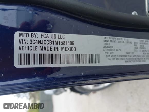 ✅ 2021 Jeep Compass Limited • VIN: 3C4NJCCB1MT581406 • Lot: 41934159. Listed on IAAI with 22,967 mi. Free auction sales archive from the USA and detailed vehicle history report at DreamBid. Image 9.