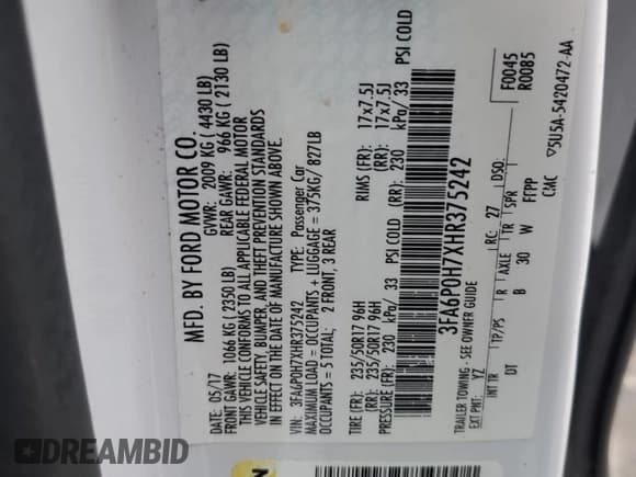 ✅ 2017 Ford Fusion SE • VIN: 3FA6P0H7XHR375242 • Lot: 85834695. Listed on Copart with 145,730 mi. Free auction sales archive from the USA and detailed vehicle history report at DreamBid. Image 12.