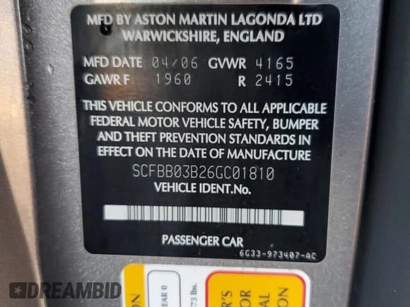 ✅ 2006 Aston Martin Vantage • VIN: SCFBB03B26GC01810 • Lot: 75127204. Listed on Copart with Not provided. Free auction sales archive from the USA and detailed vehicle history report at DreamBid. Image 13.