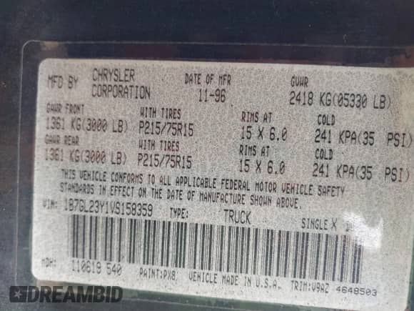 1997 Dodge Dakota with VIN 1B7GL23Y1VS158359, listed as a IAAI auction lot 43170442 with 223,703 mi miles and . Bid and sale history available at DreamBid. Image 9.