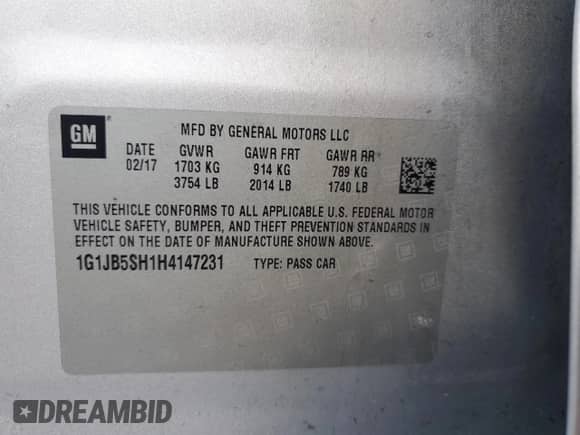 2017 Chevrolet Sonic LS с VIN 1G1JB5SH1H4147231, выставлен на аукционе Copart как лот 73783294 с пробегом Не указан миль и Списание • Salvage title. История ставок и продаж доступна на DreamBid. Изображение 13.