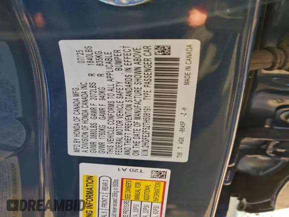 ✅ 2026 Honda Civic Sport • VIN: 2HGFE2F52TH508191 • Лот: 94663545. Опубликован ранее на Copart с пробегом 5 218 миль. Бесплатный доступ к архиву аукционных продаж из США и подробный отчёт об истории автомобиля на DreamBid. Изображение 12.