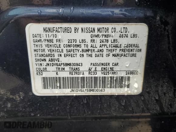 ✅ 2011 Infiniti G25 Journey • VIN: JN1DV6AP5BM830943 • Lot: 59680045. Listed on Copart with 183,759 mi. Free auction sales archive from the USA and detailed vehicle history report at DreamBid. Image 13.