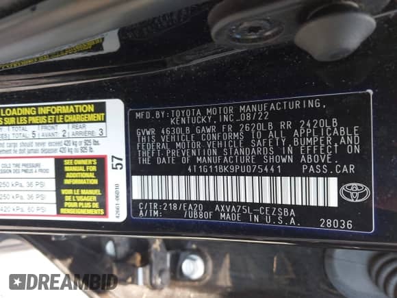 2023 Toyota Camry SE with VIN 4T1G11BK9PU075441, listed as a IAAI auction lot 42759865 with 53,835 mi miles and . Bid and sale history available at DreamBid. Image 9.