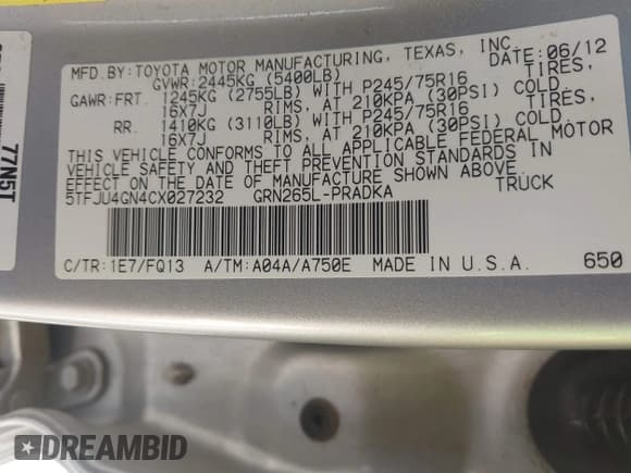 ✅ 2012 Toyota Tacoma PreRunner • VIN: 5TFJU4GN4CX027232 • Lot: 43481941. Listed on IAAI with 181,662 mi. Free auction sales archive from the USA and detailed vehicle history report at DreamBid. Image 9.