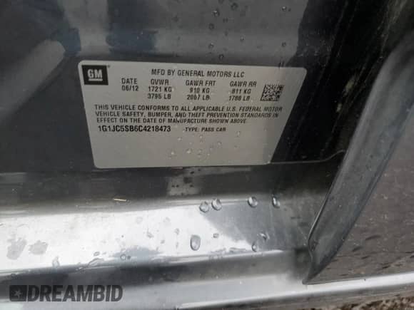 2012 Chevrolet Sonic LT with VIN 1G1JC5SB6C4218473, listed as a Copart auction lot 89089925 with 88,782 mi miles and Salvage title. Bid and sale history available at DreamBid. Image 12.