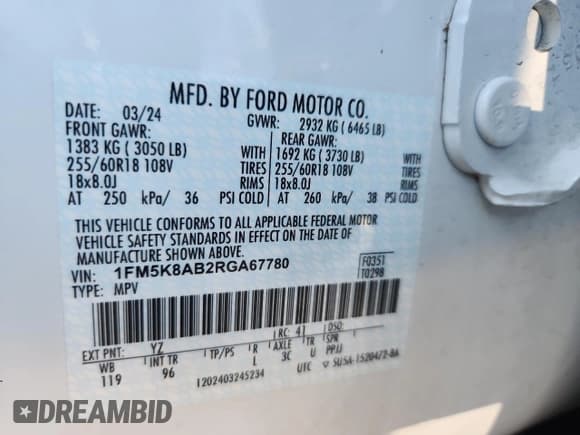 ✅ 2024 Ford Police Interceptor Utility • VIN: 1FM5K8AB2RGA67780 • Лот: 61121245. Опубликован ранее на Copart с пробегом 7 493 миль. Бесплатный доступ к архиву аукционных продаж из США и подробный отчёт об истории автомобиля на DreamBid. Изображение 14.