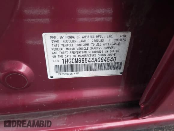 ✅ 2004 Honda Accord EX • VIN: 1HGCM66544A094540 • Lot: 43732622. Listed on IAAI with 243,807 mi. Free auction sales archive from the USA and detailed vehicle history report at DreamBid. Image 9.