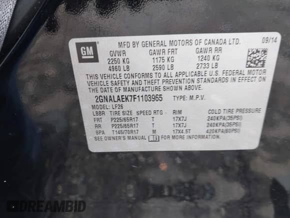 2015 Chevrolet Equinox LS с VIN 2GNALAEK7F1103965, выставлен на аукционе IAAI как лот 43314235 с пробегом 99 838 миль миль и . История ставок и продаж доступна на DreamBid. Изображение 9.