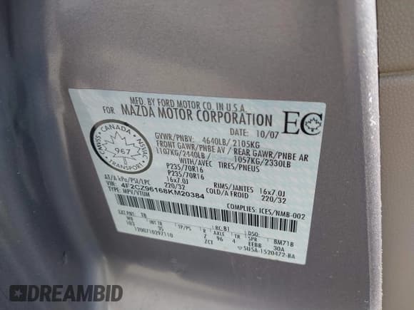 ✅ 2008 Mazda Tribute Grand Touring • VIN: 4F2CZ96168KM20384 • Lot: 40370356. Listed on IAAI with 177,715 mi. Free auction sales archive from the USA and detailed vehicle history report at DreamBid. Image 9.