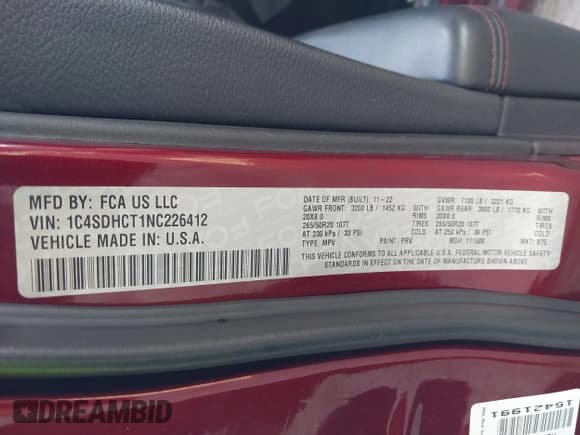 ✅ 2022 Dodge Durango R/T • VIN: 1C4SDHCT1NC226412 • Lot: 42002852. Wystawiony na IAAI z przebiegiem 56 916 mil. Bezpłatny archiwum sprzedaży aukcyjnych z USA i szczegółowy raport historii pojazdu na DreamBid. Zdjęcie 9.