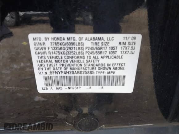 2010 Honda Pilot LX with VIN 5FNYF4H20AB025885, listed as a IAAI auction lot 42549583 with 172,341 mi miles and . Bid and sale history available at DreamBid. Image 9.