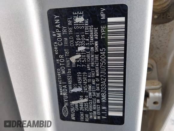 2018 Hyundai Tucson Limited with VIN KM8J33A27JU750045, listed as a IAAI auction lot 41938146 with 147,026 mi miles and . Bid and sale history available at DreamBid. Image 9.