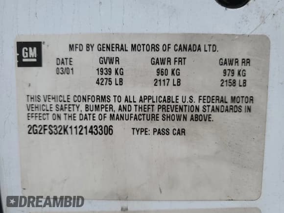 ✅ 2001 Pontiac Firebird Firebird • VIN: 2G2FS32K112143306 • Lot: 74729194. Listed on Copart with 121,757 mi. Free auction sales archive from the USA and detailed vehicle history report at DreamBid. Image 12.