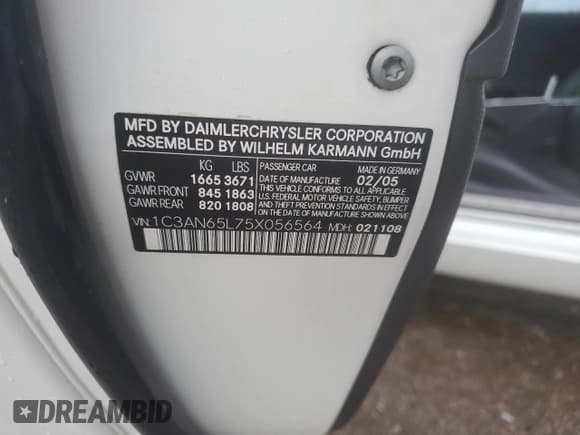 ✅ 2005 Chrysler Crossfire Limited • VIN: 1C3AN65L75X056564 • Lot: 76039594. Listed on Copart with 68,256 mi. Free auction sales archive from the USA and detailed vehicle history report at DreamBid. Image 12.