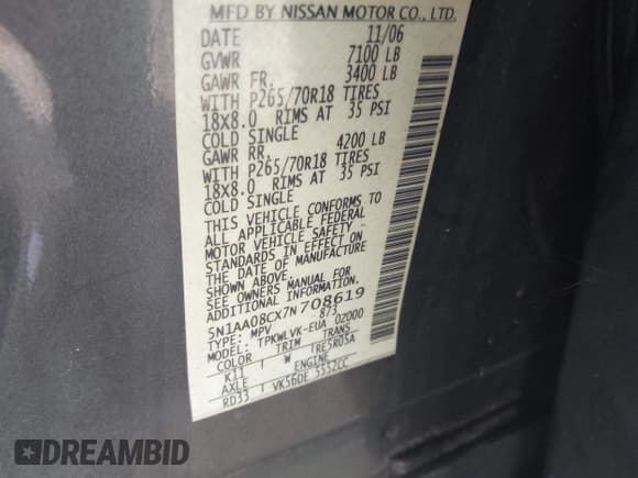 ✅ 2007 Nissan Armada LE • VIN: 5N1AA08CX7N708619 • Lot: 42981578. Wystawiony na IAAI z przebiegiem 245 425 mil. Bezpłatny archiwum sprzedaży aukcyjnych z USA i szczegółowy raport historii pojazdu na DreamBid. Zdjęcie 9.