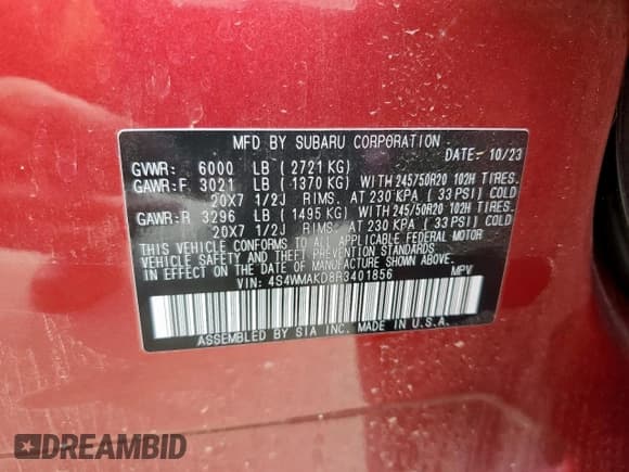 ✅ 2024 Subaru Ascent Onyx Limited • VIN: 4S4WMAKD8R3401856 • Лот: 59287635. Опубликован ранее на Copart с пробегом 31 020 миль. Бесплатный доступ к архиву аукционных продаж из США и подробный отчёт об истории автомобиля на DreamBid. Изображение 14.