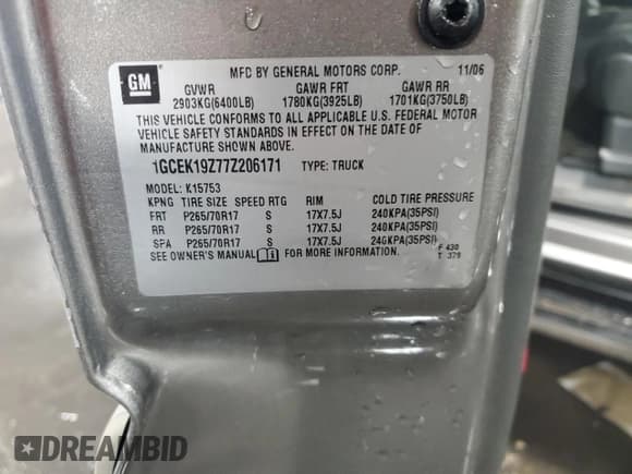 ✅ 2007 Chevrolet Silverado 1500 Work Truck • VIN: 1GCEK19Z77Z206171 • Lot: 86513025. Listed on Copart with 122,706 mi. Free auction sales archive from the USA and detailed vehicle history report at DreamBid. Image 12.