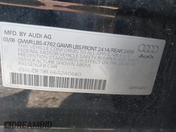 ✅ 2006 Audi A4 2.0T • VIN: WAUDF78E66A240680 • Lot: 43192255. Listed on IAAI with 186,421 mi. Free auction sales archive from the USA and detailed vehicle history report at DreamBid. Image 9.
