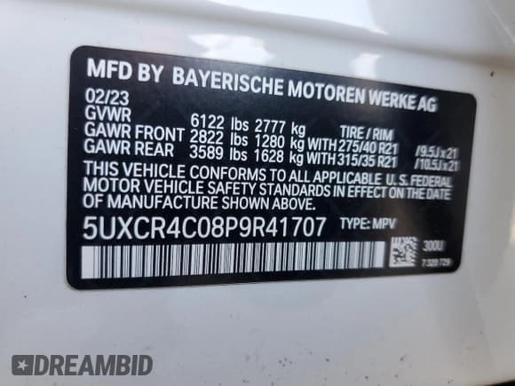 ✅ 2023 BMW X5 sDrive40i • VIN: 5UXCR4C08P9R41707 • Lot: 81974895. Listed on Copart with 37,606 mi. Free auction sales archive from the USA and detailed vehicle history report at DreamBid. Image 14.