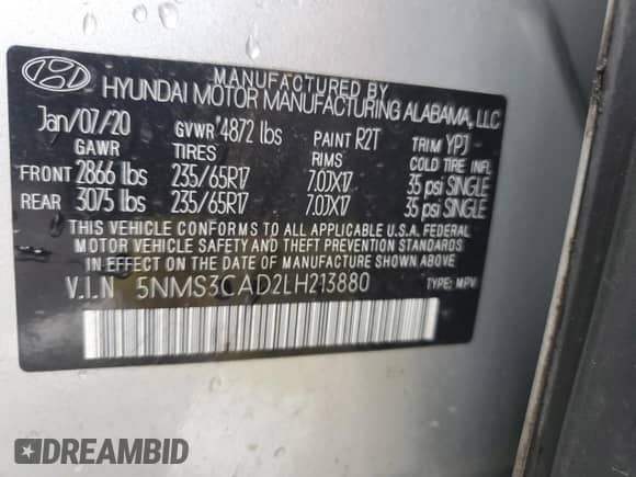 2020 Hyundai Santa Fe SEL с VIN 5NMS3CAD2LH213880, выставлен на аукционе Copart как лот 90571465 с пробегом 131 276 миль миль и Списание • Salvage title. История ставок и продаж доступна на DreamBid. Изображение 12.