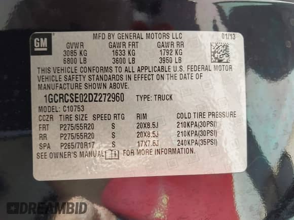 2013 Chevrolet Silverado 1500 LT with VIN 1GCRCSE02DZ272960, listed as a IAAI auction lot 43469383 with 77,796 mi miles and . Bid and sale history available at DreamBid. Image 9.